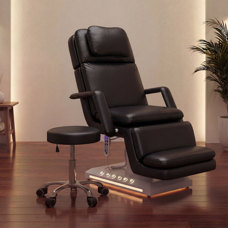 Table de massage électrique professionnelle à 3 moteurs avec hauteur réglable, dossier et repose-jambes, télécommande et commande au pied, tabouret pivotant à 360 ° inclus