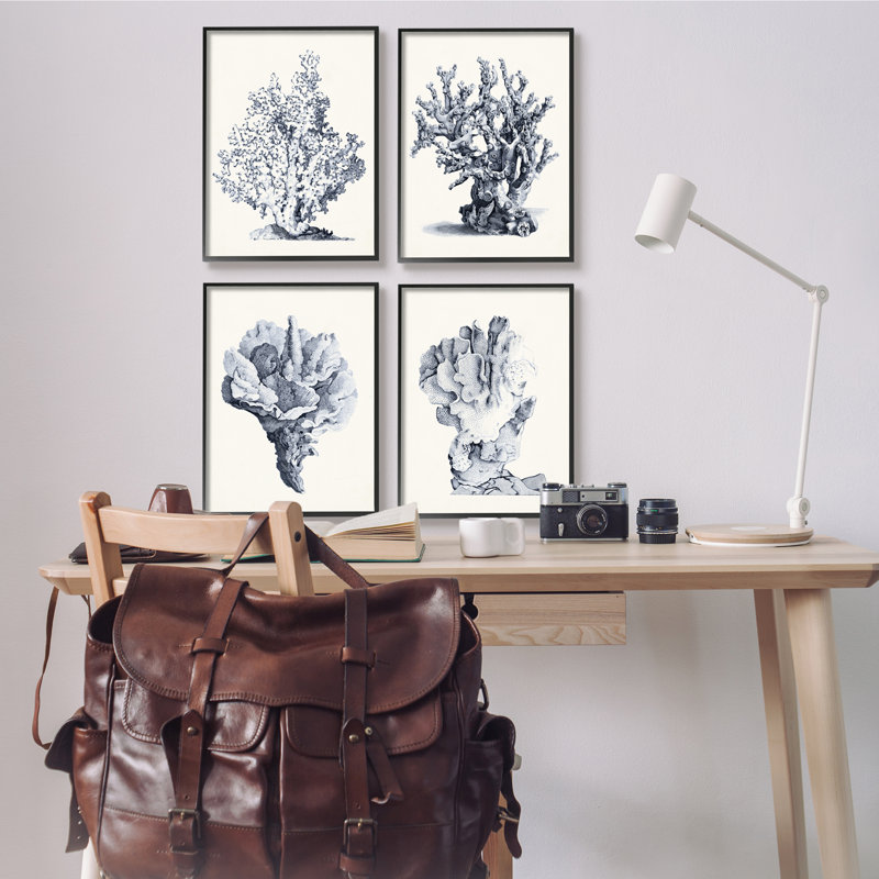 Ensemble d'illustrations texturées et giclées sur fond de corail de mer rétro, 4 pièces, par Vision Studio, H 20 po x l 16 po