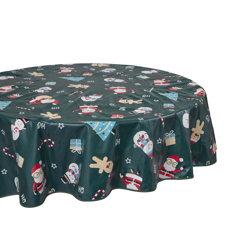 PVC Tablecloth 70in Round - Green Jolly Holiday - Easy to Clean and Durable