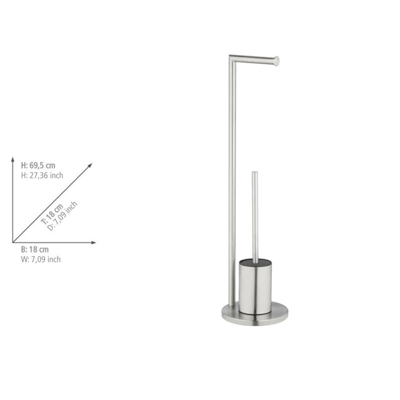 Latitude Run free-standing toilet set, Mod. Assif, with toilet roll holder and toilet brush, Matt stainless steel