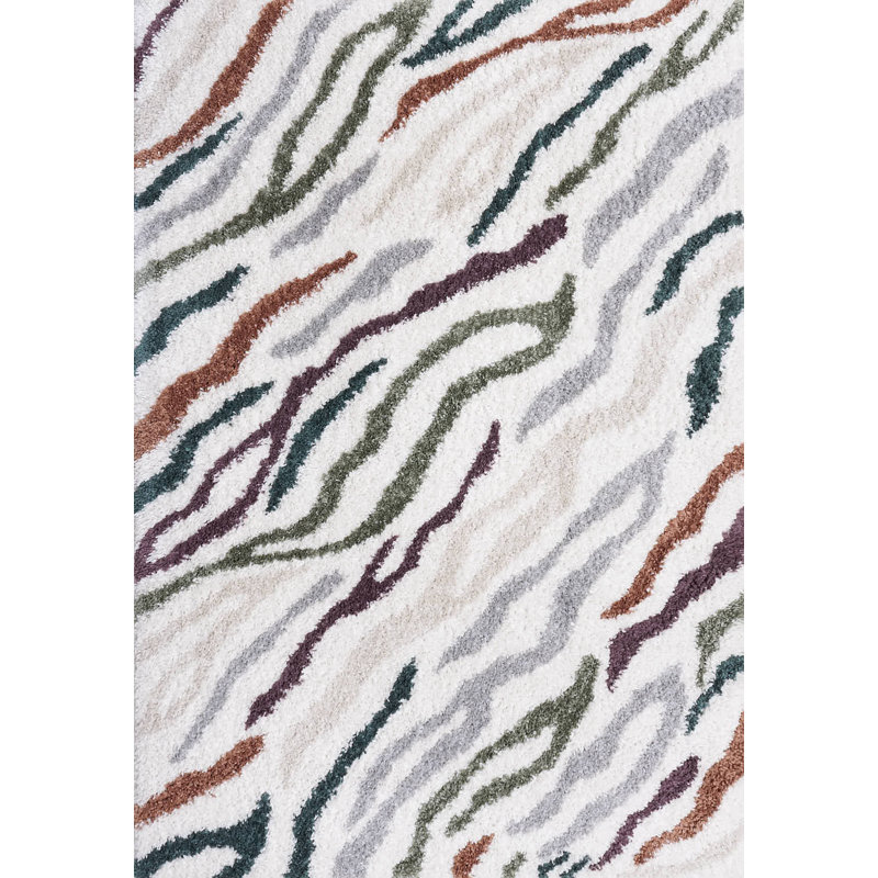 Moodi Modern Shaggy Area Rug Abstract Brushstroke Line Design, Rectangle 120 x 170 cm, Off-White/Multicolour
