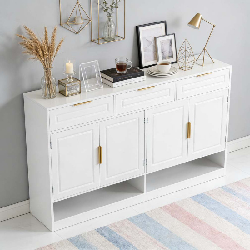 59.1" Multi-Functional Storage Buffet with Adjustable Shelf and Open Storage, White