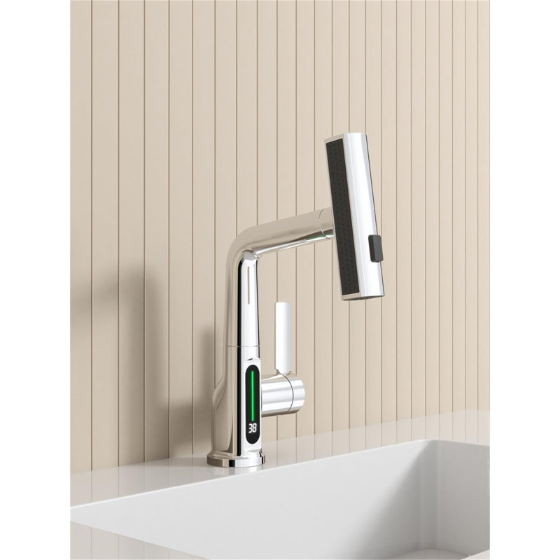 Pull-Out Lift LED Temperature Digital Display Bathroom Basin Faucet, Single Handle 360° Rotatable Waterfall 3-In-1 Basin Tap With Adjustable Height