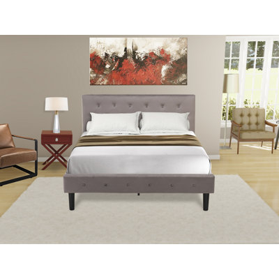 Ensemble de lit double 2 pièces - Base de lit plateforme capitonnée - Tête de lit tapissier en velours taupe brun et table de chevet à finition bourgogne