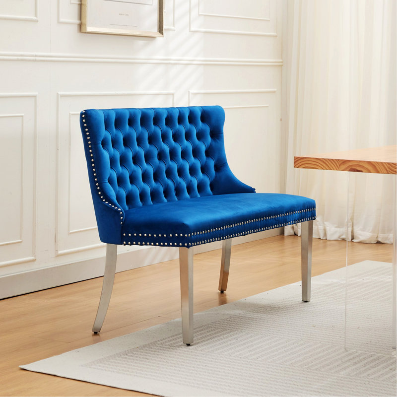 Banc rembourré, banc de salle à manger capitonné avec pieds en acier inoxydable, Blue, Silver
