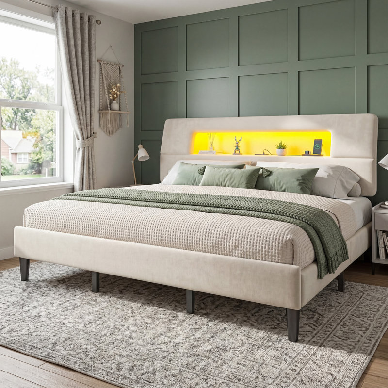 Upholstered Platform Bed with Storage Headboard,Velvet Bed Frame with RGB LED Lights & Charging Station, Beige, K
