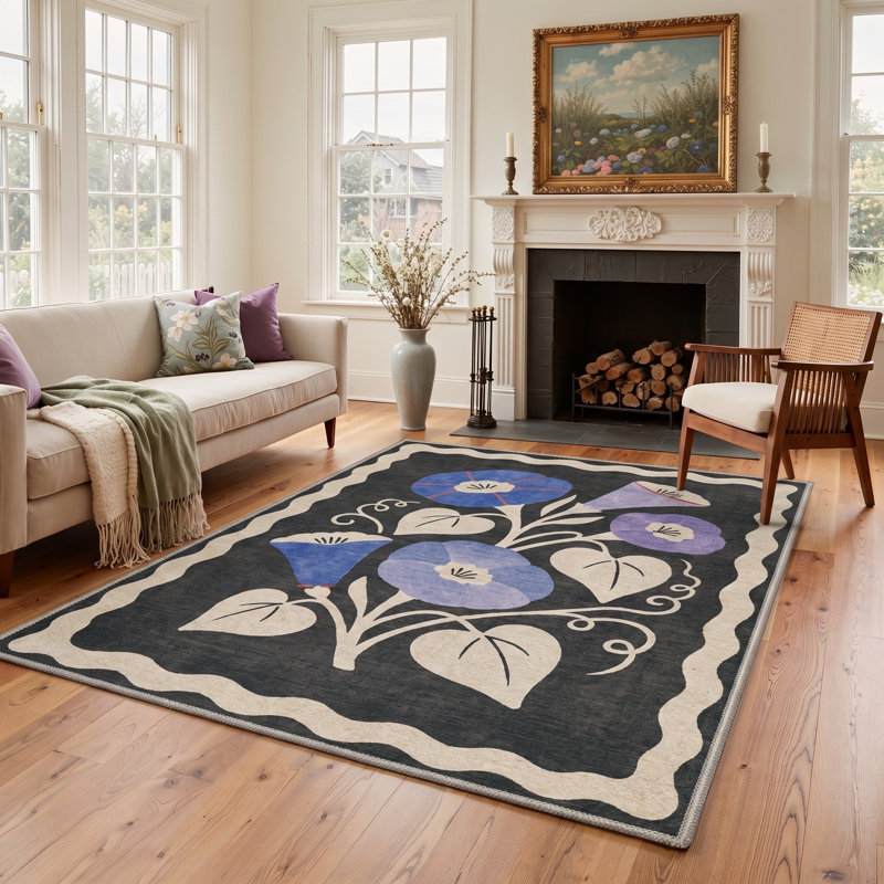 Tapis floral noir / bleu lavable à la machine avec envers antidérapant, Rectangle 9' x 12'