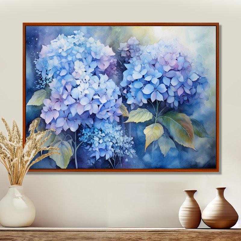 «Blue Hydrangea Farmhouse Still Life I - Hydrangea», art mural, H 24 po x l 32 po x P 1 po, Cadre flottant brun