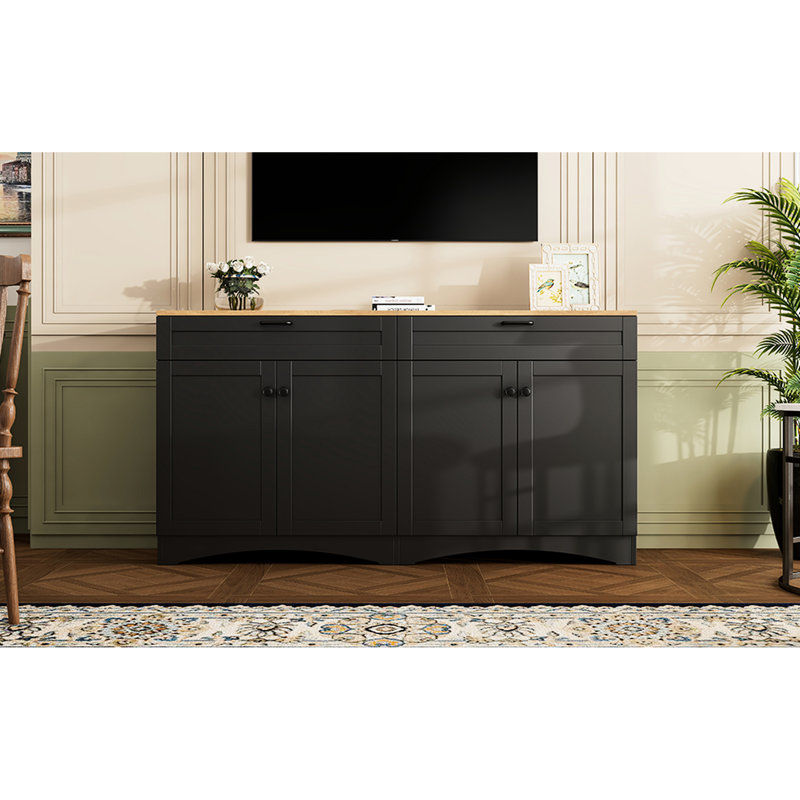 70" Tv Side Table With 2 Drawers & Traditional Style, Design Adjustable Shelves Black Wood Grain Sideboard Style Stand Charming Curve, Suited, For Living Room