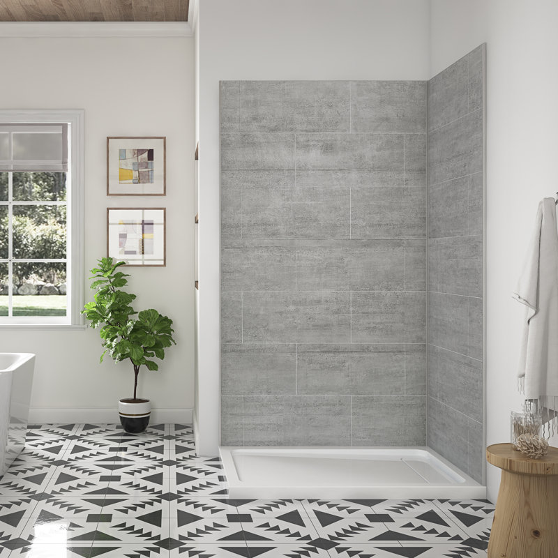 Ensemble de 4 panneaux muraux d'angle pour douche, carrelage gris brumeux, 122 cm (L) x 81 cm (P) x 203 cm (H).