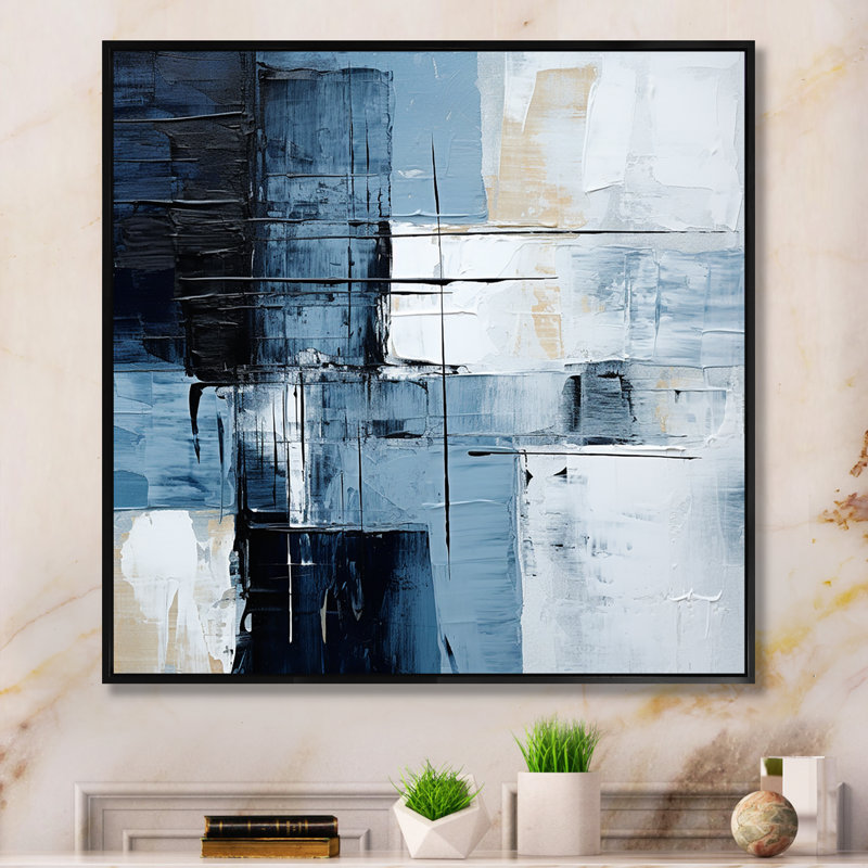 Bleu et beige, modernité scandinave, art mural abstrait, salon, Cadre flottant noir, H 24 po x l 24 po