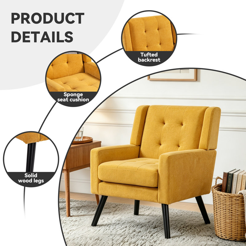 Bolanle 30" W Tufted Wide Back Accent Armchair, Yellow Linen