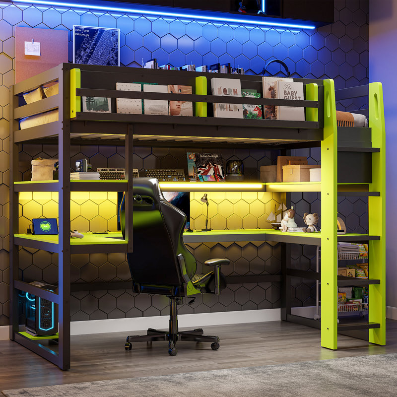 Lit mezzanine simple en bois avec bureau, support de rangement latéral, tablettes multiples et lumière RVB, vert, Vert