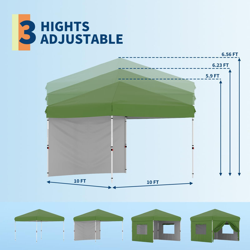 Heavy Duty Pop Up Canopy Tent 10x10 FT – Commercial Outdoor Shelter – Waterproof & UV-Resistant 210D Oxford – 1 Sidewall – Easy One-Person Setup – For Camping, Picnics, Beach – Green
