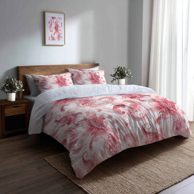 French Country 3 Pcs Duvet Cover Set - Transitional Red And White Delicate Paisley Duvet Cover And Throw Pillow Set