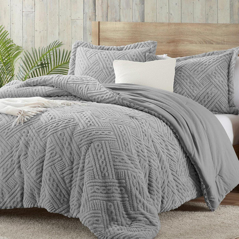Fluffy Comforter Set, Fleece Warm Comforter Set for Winter, Gray, King Comforter + 2 King Shams