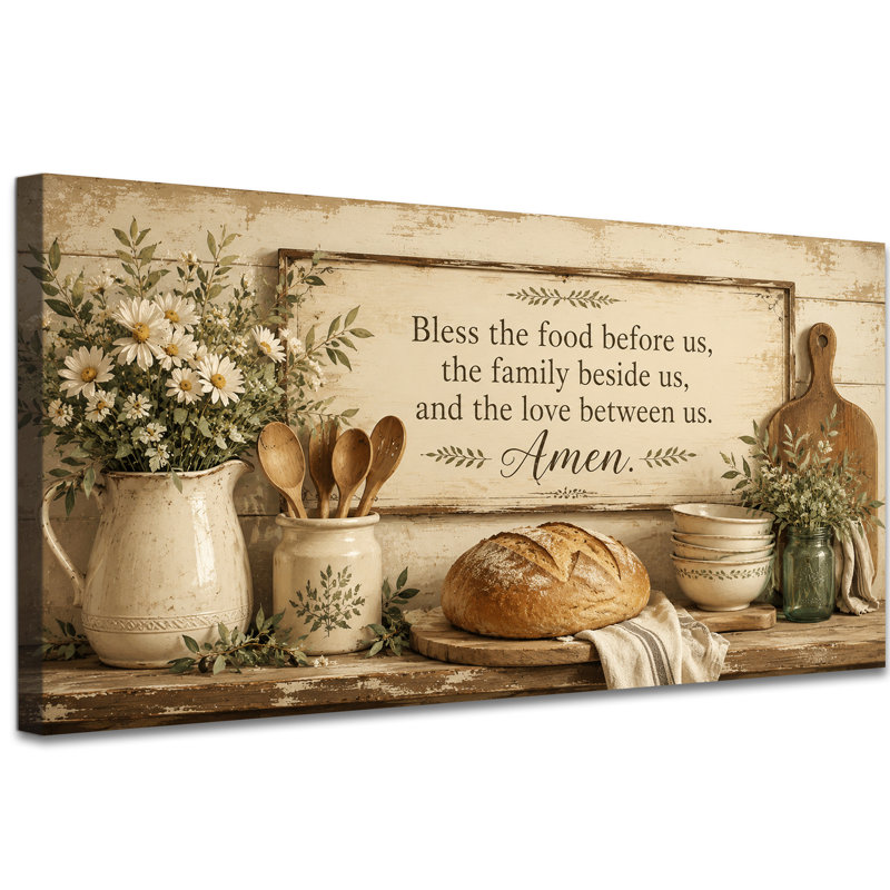 Tableau mural sur toile « Bénédiction chrétienne pour la cuisine », typographie « Pain et Amen », idéal pour la cuisine ou la salle à manger. Décor horizontal monté sur châssis, prêt à accrocher, 30 x 60 cm.