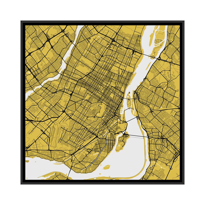 «Montreal Urban Roadway Map», impression sur toile tendue, H 18 po x l 18 po x P 1,5 po, Toile encadrée noire, Pas de tapis