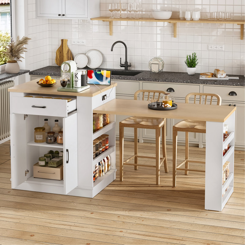 Console de salle à manger à rallonge avec tiroirs, armoire à deux portes et tablettes ouvertes. Sert de bar pour le petit-déjeuner temporaire et de salon de thé l'après-midi, blanc