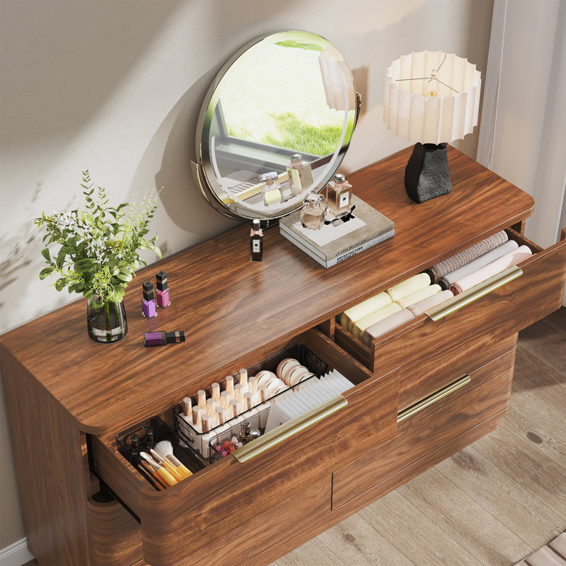Commode 6 tiroirs pour chambre à coucher, commode simplement moderne avec tiroirs profonds pour le salon, couloir d'entrée, noyer