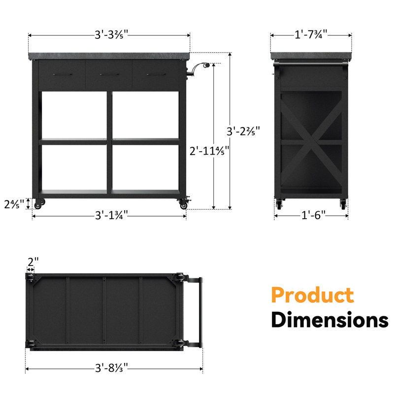 Carvajal 44‘’ Wide Outdoor Kitchen Grill Island Cart With Functional Drawers And Locking Wheels, Marble Looking Countertop
