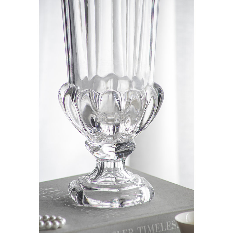 Vase piédestal en verre transparent de 15 po avec design orné, décoration d'inspiration cristal pour manteau de cheminée, dessus de table ou pièce maîtresse