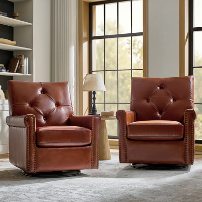 Stratton 31"W Transitional  Genuine Leather Swivel Rocker Chair with Tufted Back and Nailhead Trim