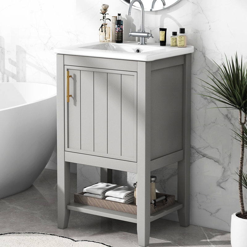 Meuble-lavabo de 20 po avec lavabo en céramique, porte à fermeture douce, poignée de bar et teinture - Finition peinte pour la fonctionnalité