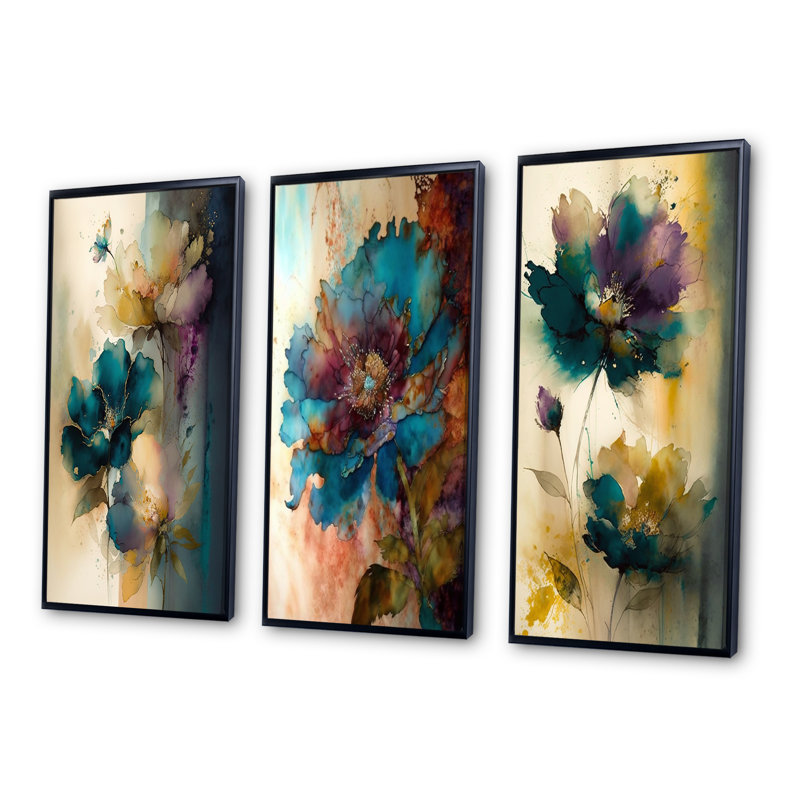 «Blossoming Wildflowers Delicate Retro Watercolor», 3 pièces sur toile, Cadre flottant noir, H 40 po x l 60 po