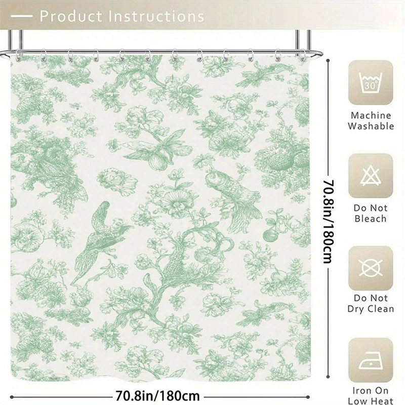 Rideaux de douche délicats à motif floral vert, 71 x 71