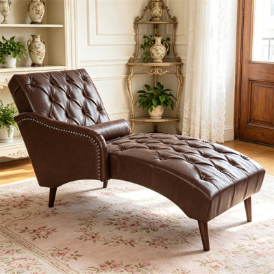 Chaise longue avec accoudoirs et coussins en bois massif, fauteuil de détente souple avec dossier et accoudoirs capitonnés, méridienne rembourrée pour le salon, la chambre à coucher, polyuréthane brun foncé