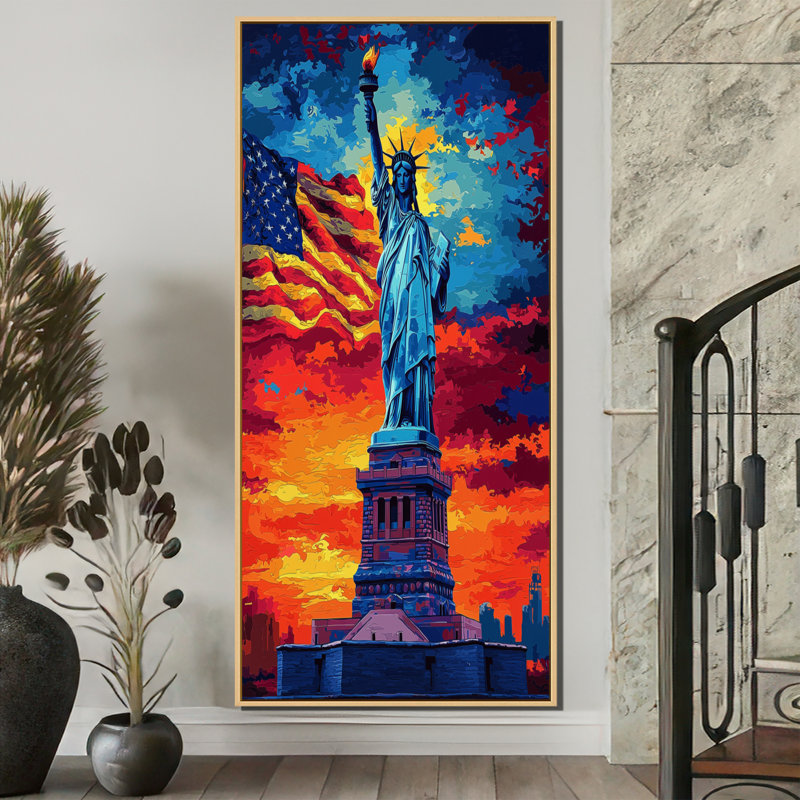 Statues de la liberté avec drapeau des États-Unis - art mural patriotiste des États-Unis, H 60 po x l 28 po, Crème, crème
