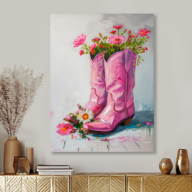 Fleurs roses, bottes de cow-boy, Métal métal, H 44 po x l 34 po x P 1,5 po