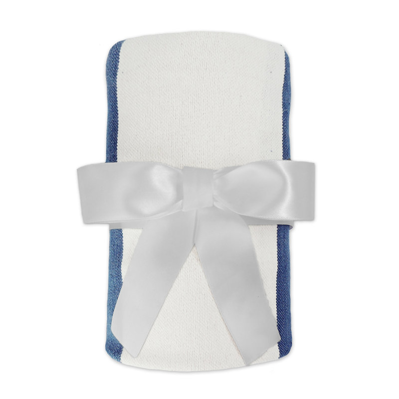  Jeté rayé 100% coton avec pampilles, Bleu marine / rayures blanches 2