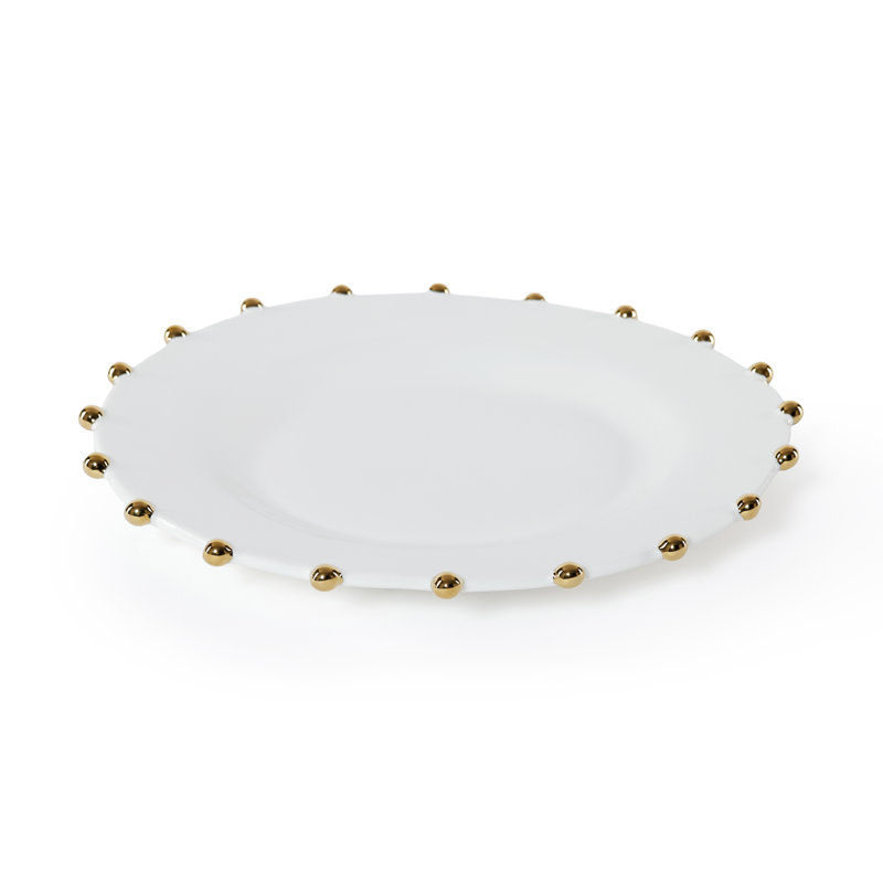 Assiettes de présentation en porcelaine blanche céleste avec bordure perlée dorée, lot de 2