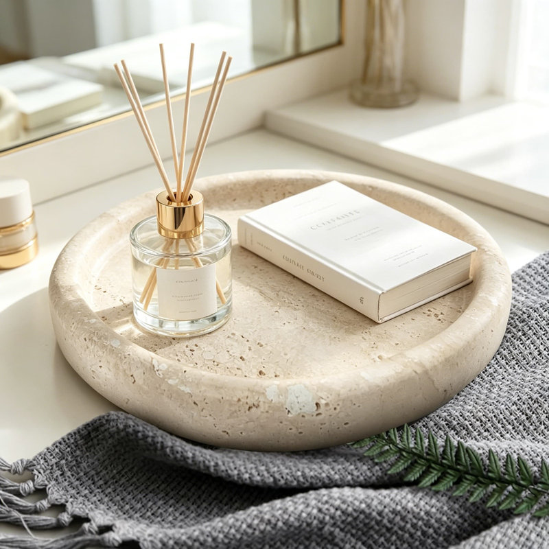 Petit plateau de meuble-lavabo en céramique pour comptoir de salle de bain, plateaux décoratifs ronds en marbre pour table basse, organisateur de bijoux pour la chambre à coucher et le vestibule, beige