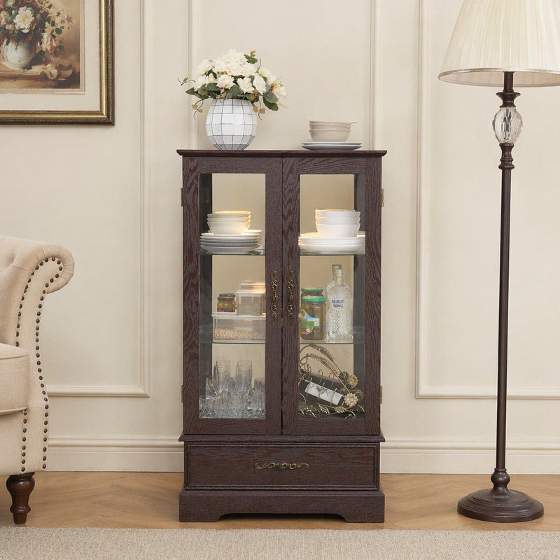 Armoire en verre cerise avec tablettes réglables, 2 portes et tiroir pour une présentation et un rangement élégants, Cherry
