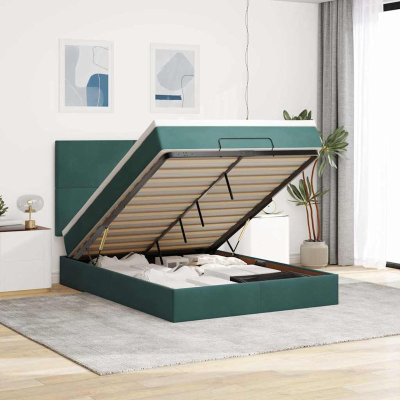 Ottoman Bed With Mattresses Velvet, European Double (140 x 200 cm), Dark Green
