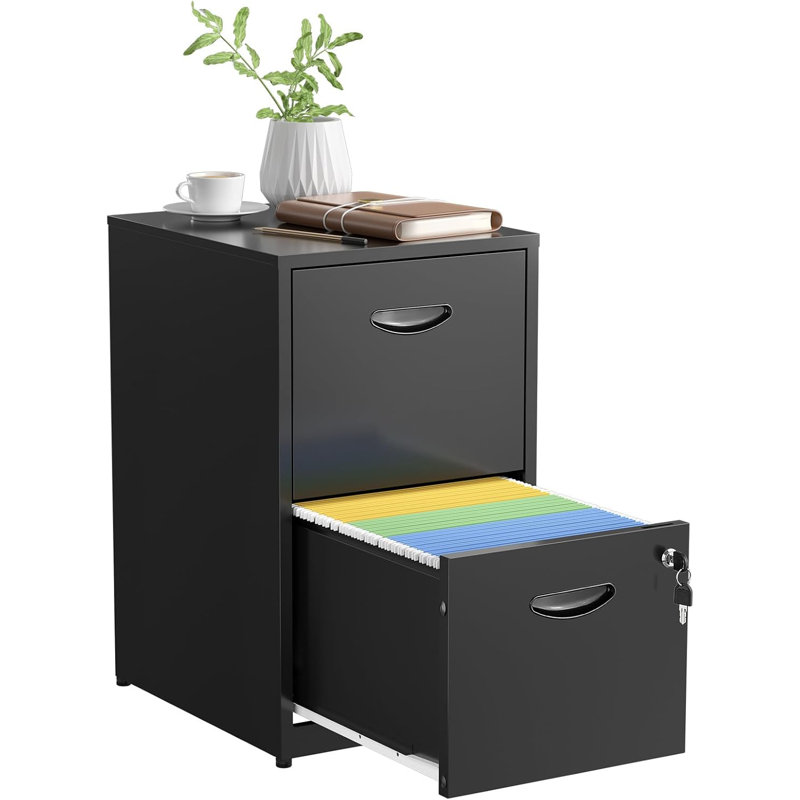 Black 26'' Vertical Metal 2 Drawer Lockable File Cabinet