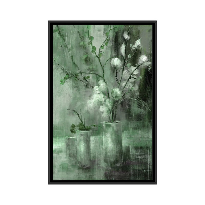 Floral argent, Vert, Toile à cadre flottant noir, H 26 po x l 18 po