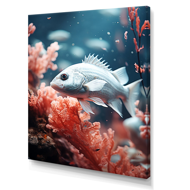 Danse de poissons monochrome bleue et grise, H 32 po x l 24 po x P 1 po, Toile tendue