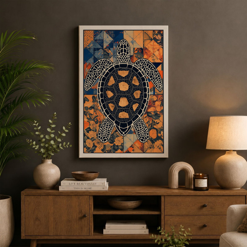 Sea Turtle Geometric 1 Piece Wrapped Canvas Wall Art, 36x24 - 91.4 x 61.0 cm, Ochre Border