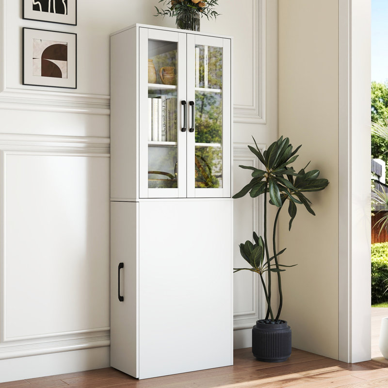 Armoire de présentation moderne en bois à 4 niveaux avec 2 portes en verre et 70,74 po de hauteur pour la cuisine, le bureau et le salon