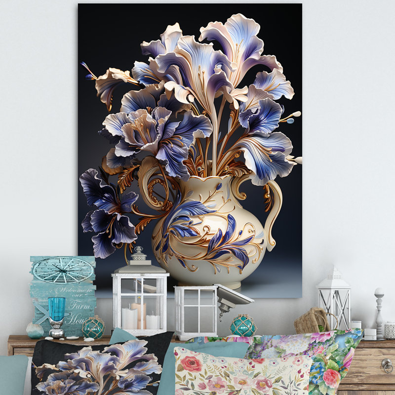 Iris ornés de feuilles dorées dans un vase, reproduction d'art sur toile, Toile tendue, H 40 po x l 30 po x P 1,5 po