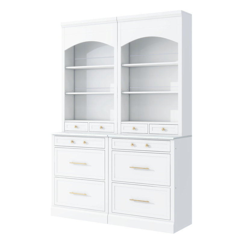 Modern 83.7Inch High Kitchen Pantry, Freestanding Tall Kitchen Hutch With Faux Marble Top,Cupboard Cabinet With 5 Storage Drawers And Adjustable Shelf, Set Of 2, White