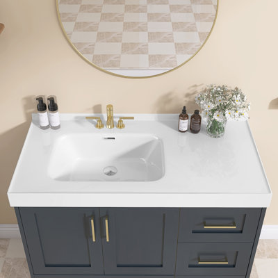 43'' W X 22'' D Single Sink White Vanity Top Solid Surface Rectangular Sink Countertop with 1.38 in. H Backsplash & Three Pre-drilled Faucet Holes