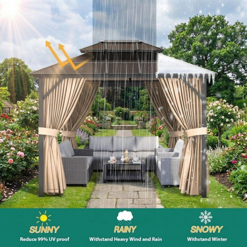 10x13 ft Hardtop Gazebo, with Netting & Curtains, Khaki
