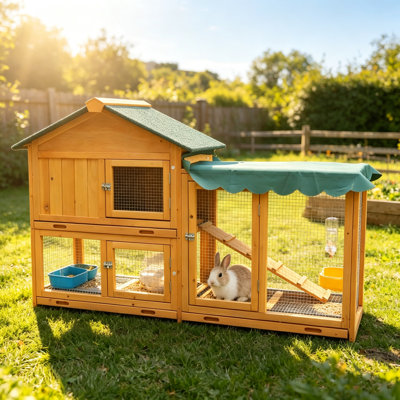 Large Wooden Rabbit Hutch with Run, 2-Tier Bunny Cage Outdoor Indoor with Pull-Out Tray & Waterproof Roof, Guinea Pig House Pet Hutch for Rabbits, Chi
