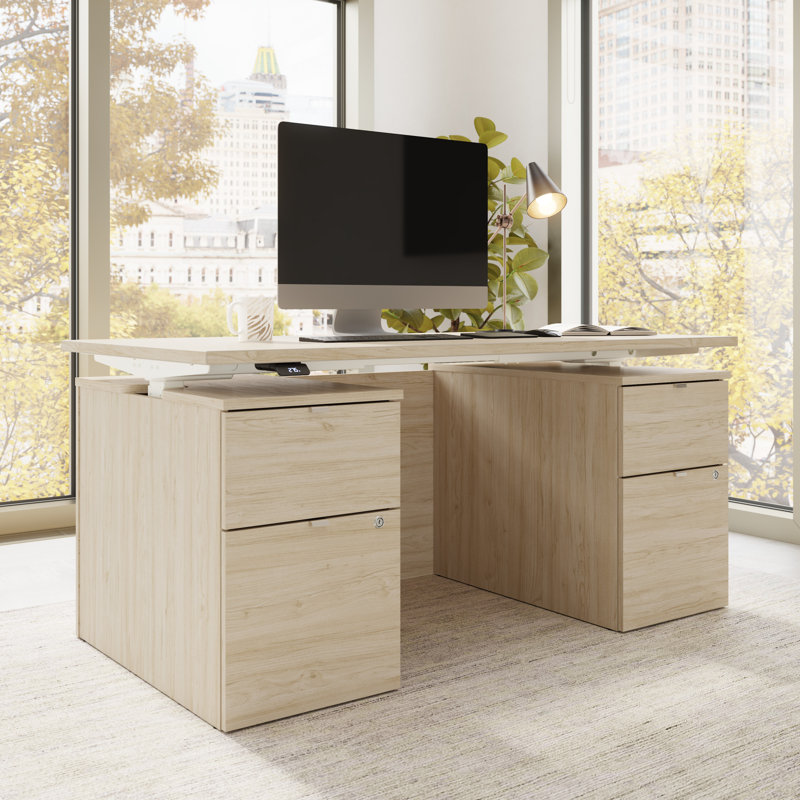 Bush Business Furniture Stratus 60W X 30D Electric Standing Desk With Drawers And Modesty Panel, Natural Elm