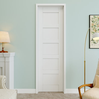 24" x 80" 5-Panel Interior Prehung Door with Silver Hinges, Solid Core Door Slab, Paintable & Waterproof, Suit for Laundry, Closet Doors, Room Doors, Right Hand